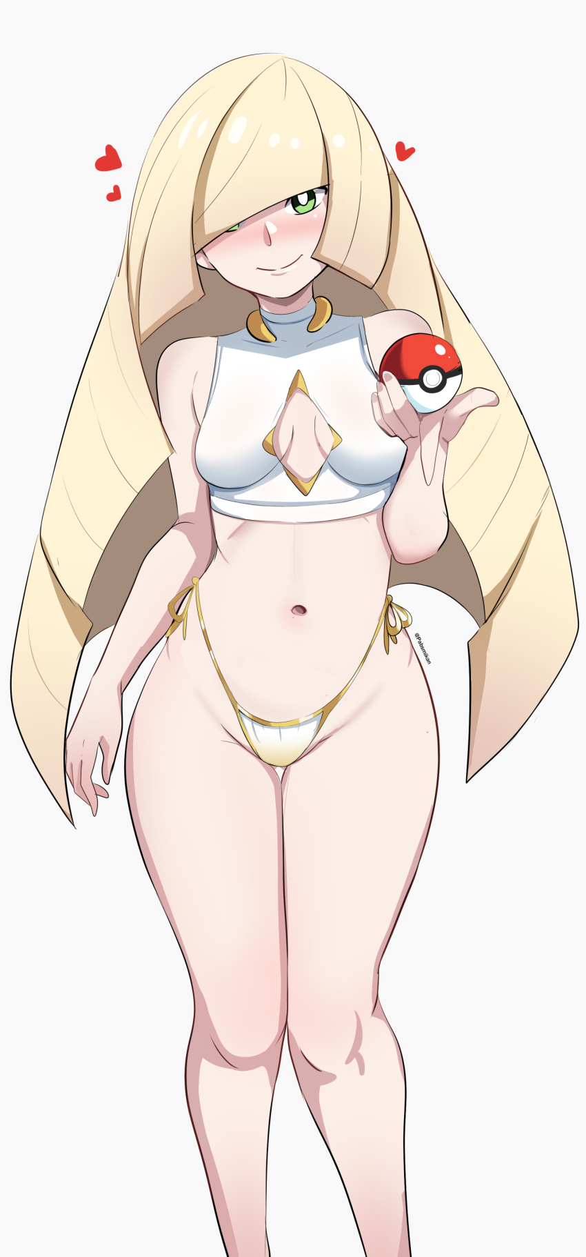 1girl alternate_costume bikini bikini_bottom_only blonde_hair blush breasts cleavage_cutout clothing_cutout cowboy_shot crop_top facing_viewer green_eyes hair_over_one_eye heart holding holding_poke_ball long_hair looking_at_viewer lusamine_(pokemon) medium_breasts navel nintendo pabsmikan poke_ball poke_ball_(basic) pokemon pokemon_sm side-tie_bikini_bottom smile solo swimsuit white_background