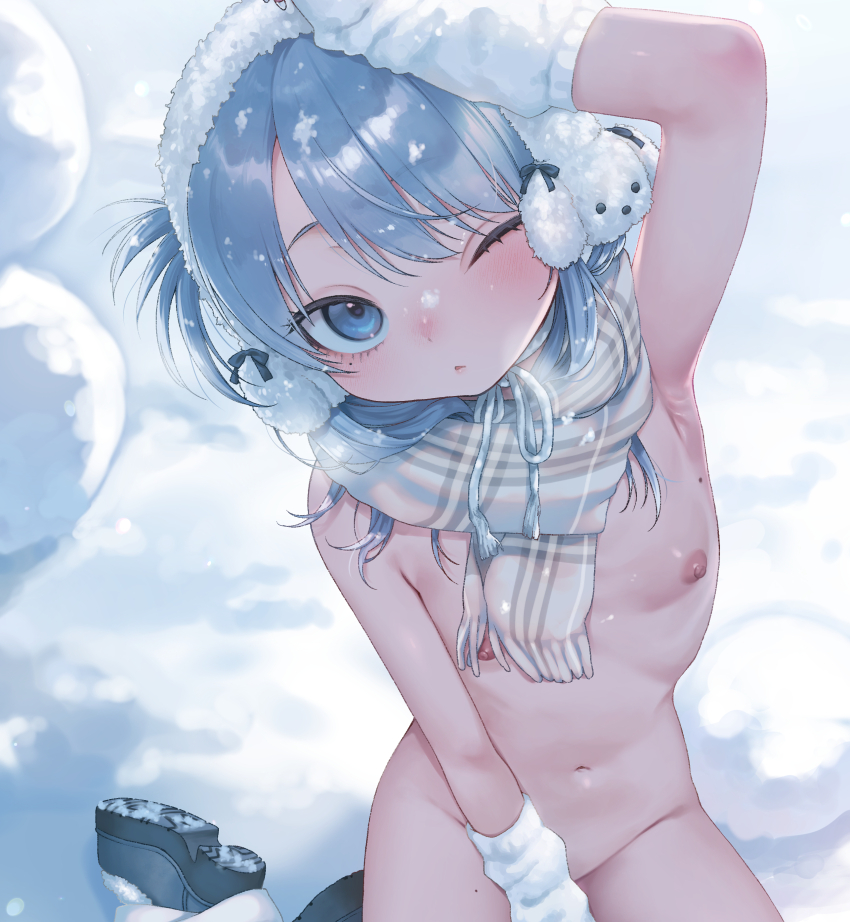1girl absurdres arm_warmers blue_eyes blue_hair breasts dancho_(dancyo) earmuffs highres loli long_hair nipples nude one_eye_closed original outdoors petite plaid_clothes plaid_scarf scarf sitting small_breasts snow solo yokozuwari