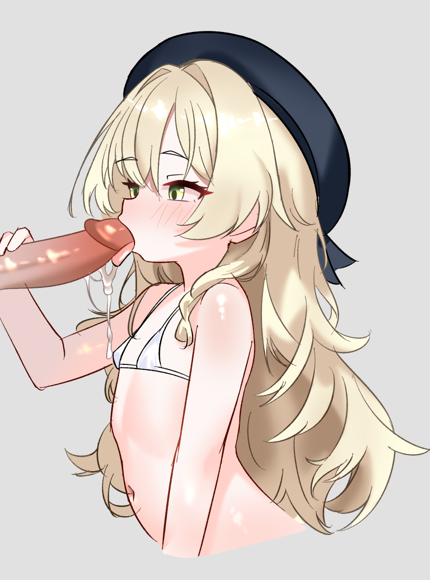 1boy 1girl absurdres bikini black_hat blonde_hair blue_archive cum cunvaroy disembodied_penis fellatio flat_chest fluffy_hair green_eyes hat hetero highres loli long_hair navel oral penis professor_niyaniya_(blue_archive) swimsuit uncensored white_bikini