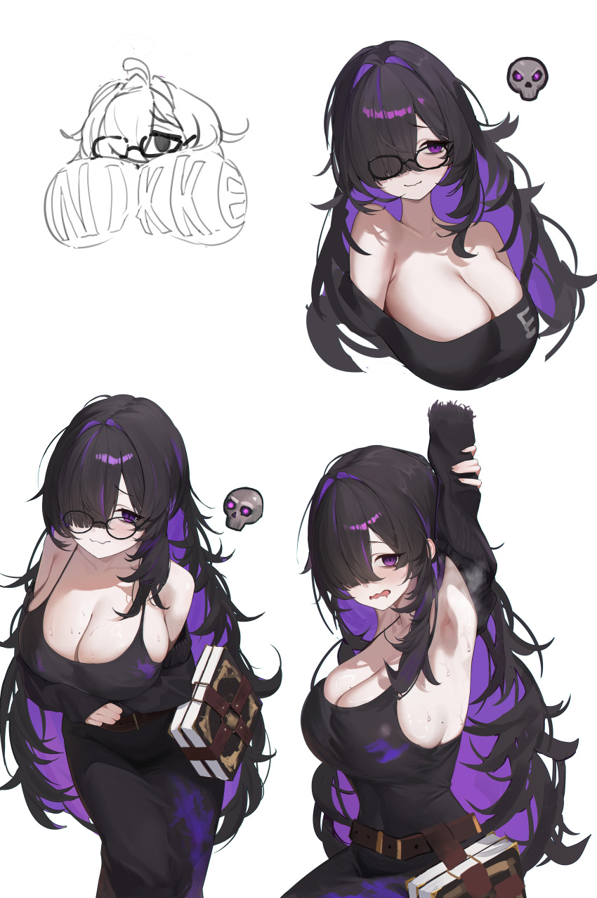 1girl arm_up armpits belt black_dress black_hair blush book breasts dress eiyuo glasses goddess_of_victory:_nikke hair_over_one_eye label_(nikke) large_breasts long_hair looking_at_viewer presenting_armpit purple_hair simple_background solo steam sweatdrop white_background