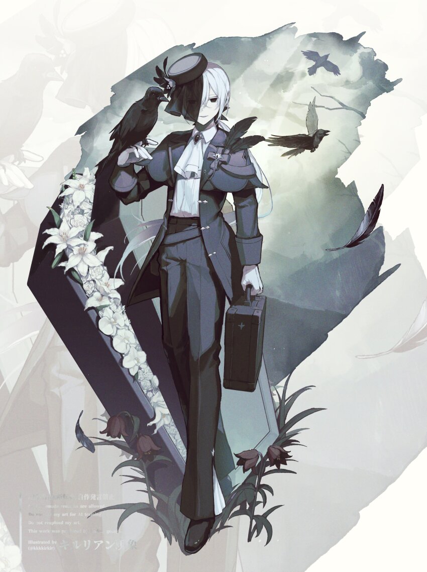 1boy absurdres androgynous arm_at_side ascot bird bird_on_hand black_bow black_capelet black_eyes black_feathers black_flower black_gem black_hat black_jacket black_pants black_shoes black_suit black_veil border bow briefcase brooch capelet cloud cloudy_sky coffin collared_shirt colored_eyelashes commentary_request crossed_bangs crow dress_pants dress_shoes empty_eyes falling_feathers feathers flower formal_clothes full_body gem gloves grass hair_between_eyes hand_up hat hat_feather hat_flower highres holding holding_briefcase irregular_border jacket jewelry kkkkirkir light_rays lily_(flower) long_sleeves looking_at_viewer male_focus mountain one_eye_covered open_clothes open_jacket orchid original outside_border pants parted_lips pillbox_hat pleated_pants plume rose shirt shoes sky smile solo standing suit veil veil_over_one_eye white_ascot white_border white_eyelashes white_flower white_gloves white_hair white_lily white_rose white_shirt zoom_layer