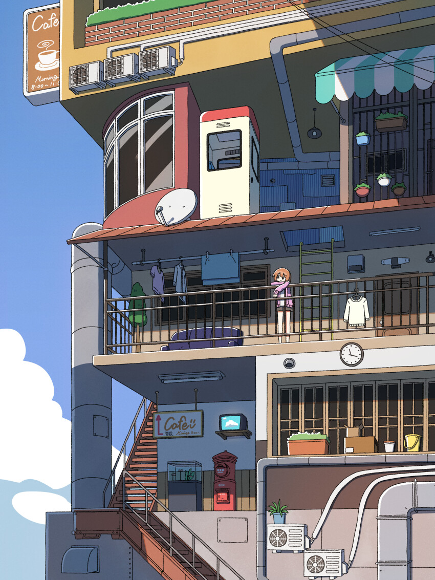 1girl absurdres analog_clock awning balcony blue_sky box building cardboard_box cheribon clock cloud couch crt door hashtag-only_commentary highres industrial_pipe ladder laundry laundry_pole orange_hair original phone_booth plant postbox_(outgoing_mail) potted_plant railing satellite_dish scenery short_hair short_shorts shorts sign sky solo stairs television wide_shot