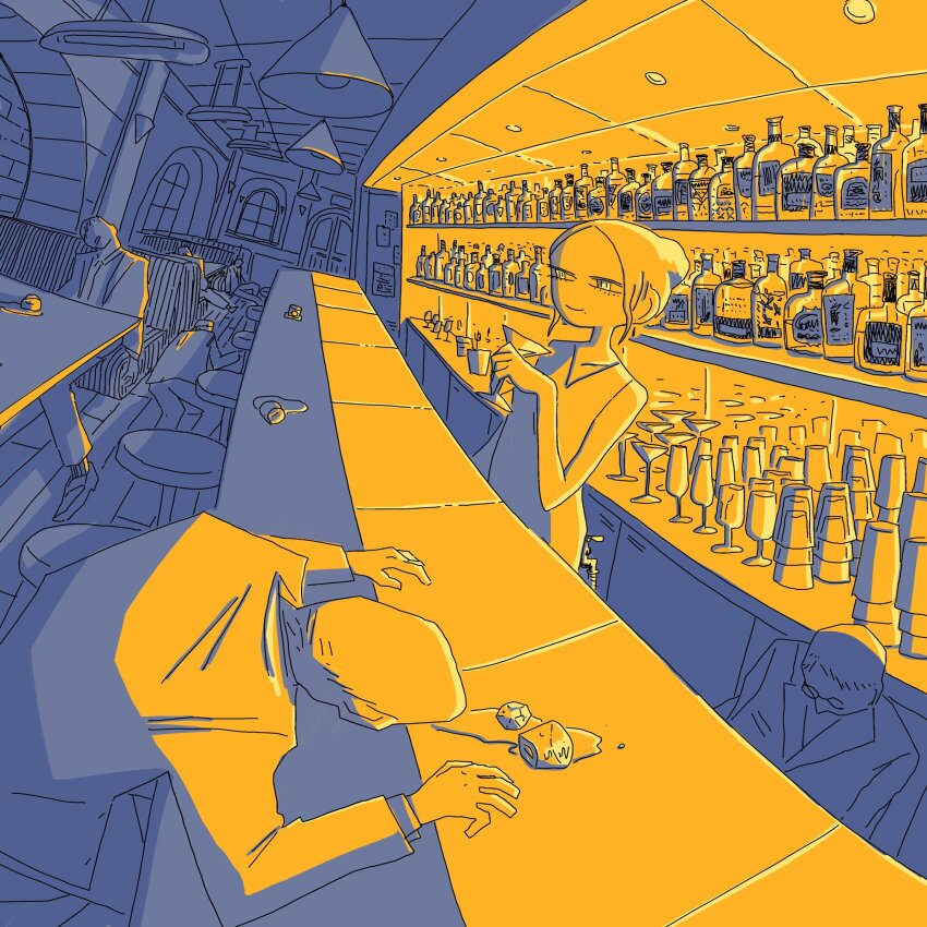 1girl alcohol bar_(place) bartender bottle cup drinking_glass drunk highres multiple_boys original ryaw wine wine_bottle wine_glass