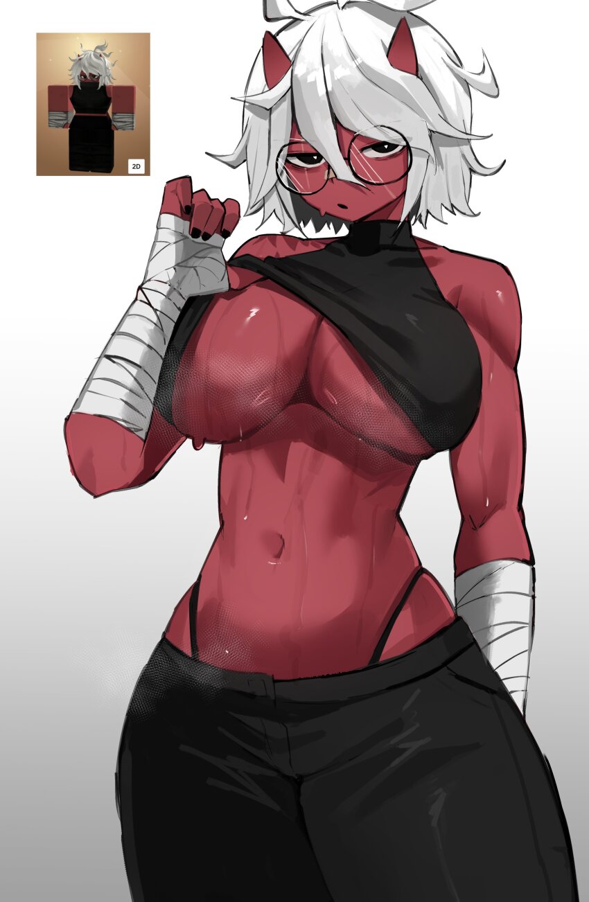 1girl absurdres bandaged_arm bandages bare_shoulders black_eyes black_nails black_pants channyy19 clothes_lift colored_skin cone_horns crop_top g-string glasses highres horns looking_at_viewer oni open_mouth pants red_skin roblox shirt_lift skin-covered_horns solo thong white_hair