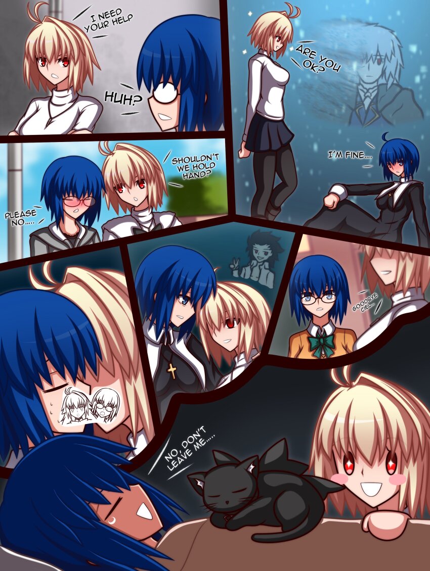 2boys 3girls absurdres arcueid_brunestud black_ribbon blonde_hair blush blush_stickers ciel-sensei ciel_(tsukihime) cross cross_necklace crying eco-arc english_text glasses highres jewelry kiss len_(cat)_(tsukihime) len_(tsukihime) michael_roa_valdamjong multiple_boys multiple_girls necklace nun red_eyes ribbon sakurello school_uniform short_hair sleeping smile souya_high_school_uniform sweater tsukihime tsukihime_(remake) tunic turtleneck turtleneck_sweater v vampire vlov_arkhangel yuri