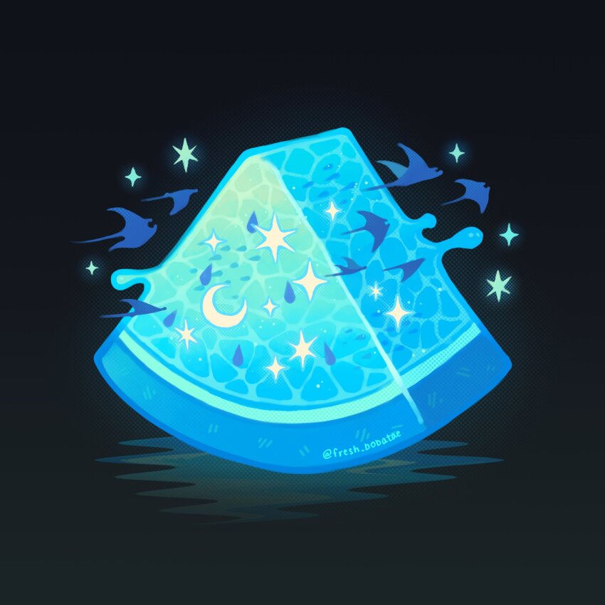 animal animal_focus artist_name black_background blue_theme caustics commentary crescent_moon emily_kim english_commentary fish floating flying_fish food food_focus fruit glowing halftone highres liquid manta_ray monochrome moon no_humans ocean original reflection reflective_liquid simple_background sparkle star_(symbol) water watermelon watermelon_slice