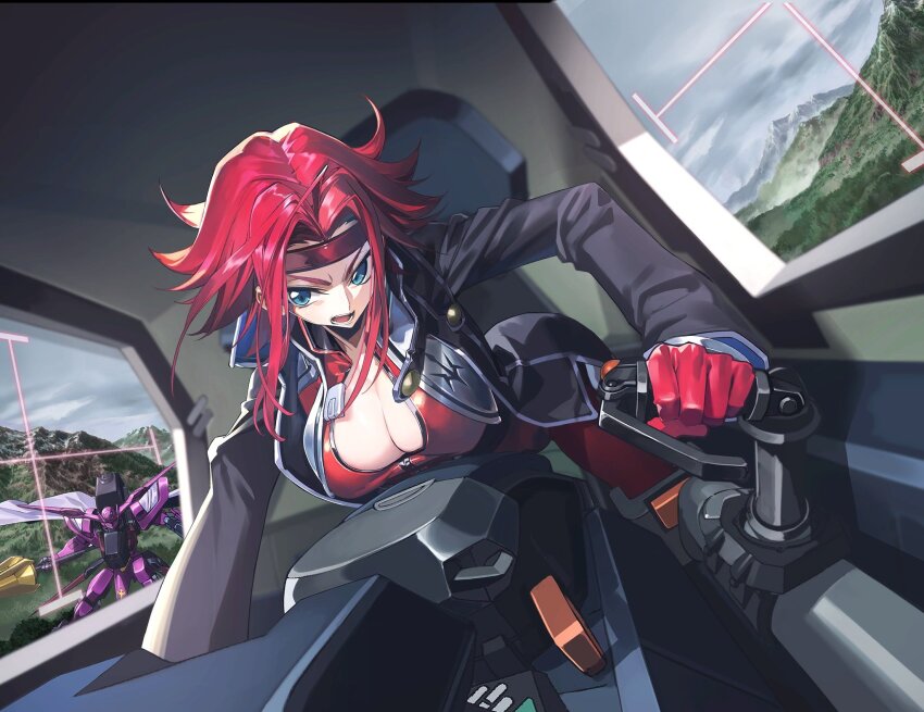 1girl blue_eyes breasts cleavage cockpit code_geass headband highres jacket kouzuki_kallen mecha mecha_pilot_suit medium_breasts monitor open_mouth red_hair robot spiked_hair