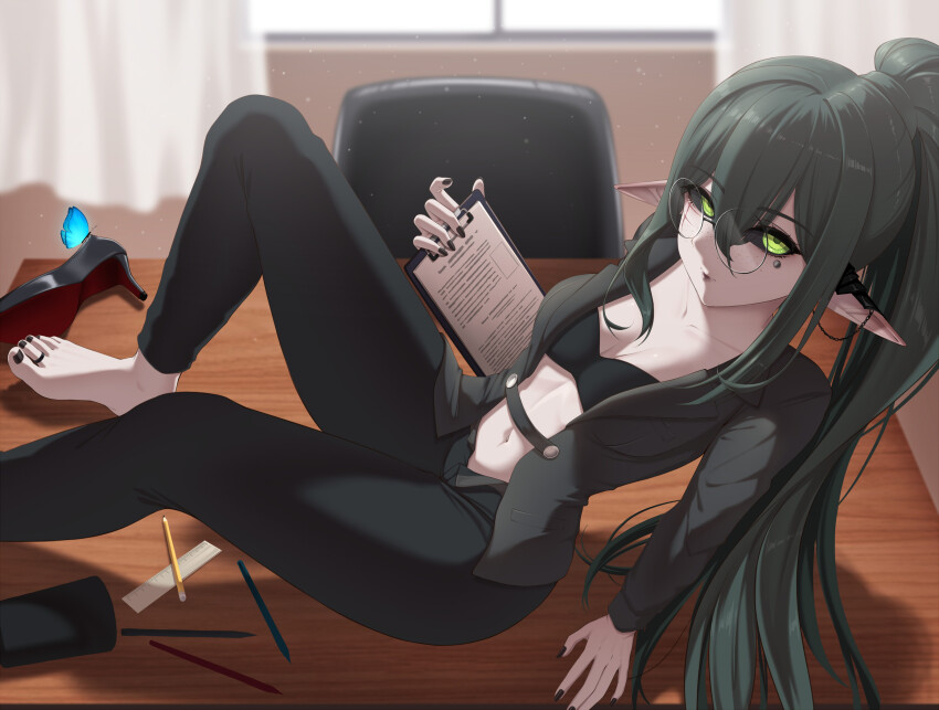1girl barefoot black_hair black_sclera bra bug butterfly clipboard colored_sclera desk feet freckles glasses green_eyes highres hui_yu indie_virtual_youtuber insect layna_lazar long_hair looking_at_viewer on_desk open_clothes pointy_ears ponytail round_eyewear shoes sitting toes underwear unworn_shoes