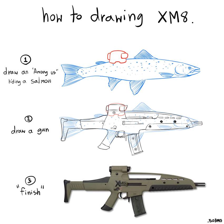 50bmg among_us among_us_eyes_(meme) artist_name assault_rifle commentary_request crewmate_(among_us) english_text engrish_text fish gun h&amp;k_xm8 highres how_to how_to_draw_an_owl_(meme) meme no_humans original photo_inset ranguage rifle salmon_(fish) simple_background sketch thai_commentary weapon white_background