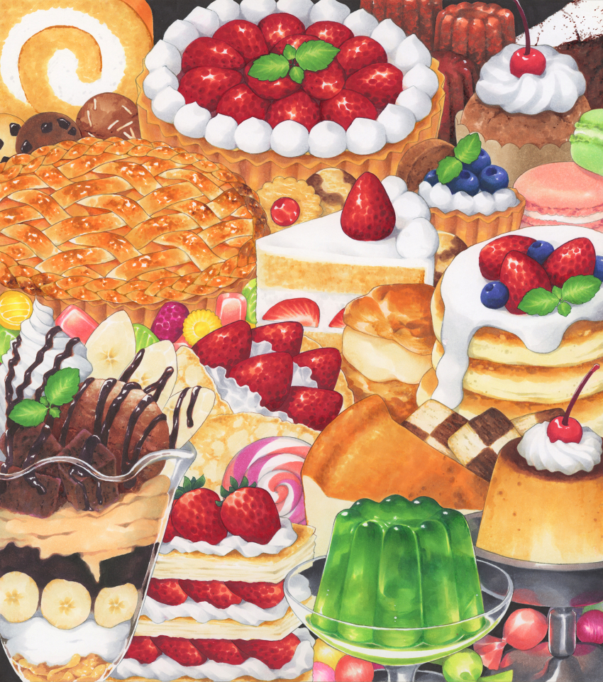 cake candy cherry chocolate_syrup commentary_request cookie crepe cupcake food food_focus fruit fruit_tart gelatin highres ice_cream lollipop maa_(forsythia1729) no_humans original pancake pancake_stack parfait pie pudding strawberry strawberry_tart swiss_roll tart_(food)