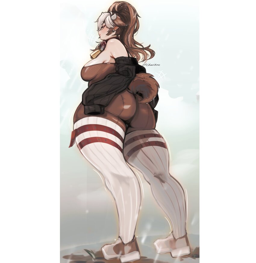 1girl 2025 absurdres artist_name ass black_sweater bodystocking breasts brown_hair brown_shoes chaichne chaimera_(chaichne) commentary cow_girl cow_horns cow_tail cowbell english_commentary female_focus from_behind from_below highres horns huge_ass long_hair looking_at_viewer medium_breasts monster_girl multicolored_hair off_shoulder original outdoors overcast plump ponytail purple_eyes rain shoes sideboob sideways_glance sky sleeves_past_fingers sleeves_past_wrists sneakers solo streaked_hair sweater tail thick_thighs thighhighs thighs wet wet_clothes white_hair white_thighhighs