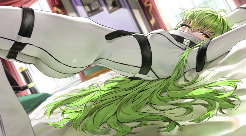 1girl absurdres arms_up ass bodysuit breasts c.c. code_geass commentary english_commentary green_hair highres indoors long_hair looking_at_viewer lying on_back on_bed solo very_long_hair waligner white_bodysuit yellow_eyes