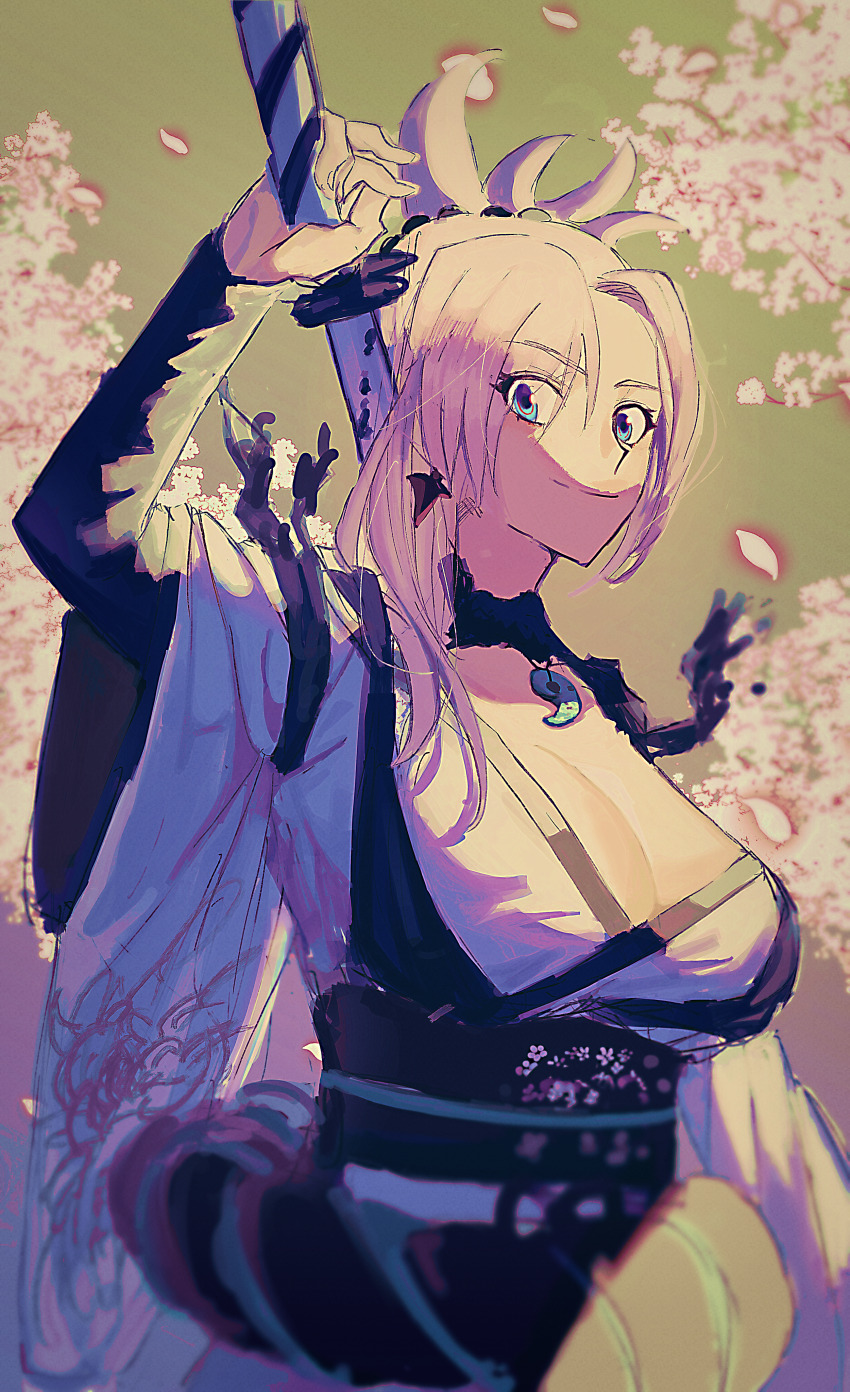 1girl absurdres awapontasu blue_eyes blurry breasts cherry_blossoms cleavage commentary_request earrings fate/samurai_remnant fate_(series) highres holding holding_sword holding_weapon japanese_clothes jewelry kimono large_breasts magatama miyamoto_musashi_(fate) miyamoto_musashi_(woman_of_niten_ichiryuu)_(fate) obi petals profile sash smile solo sword upper_body weapon white_hair wide_sleeves