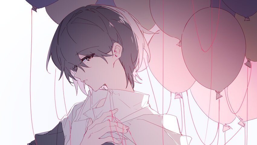 1girl balloon bang_dream! bang_dream!_it's_mygo!!!!! brown_eyes collared_shirt dress_shirt grey_hair hand_up hibioes highres long_hair open_mouth shirt short_hair simple_background solo string string_of_fate takamatsu_tomori white_background