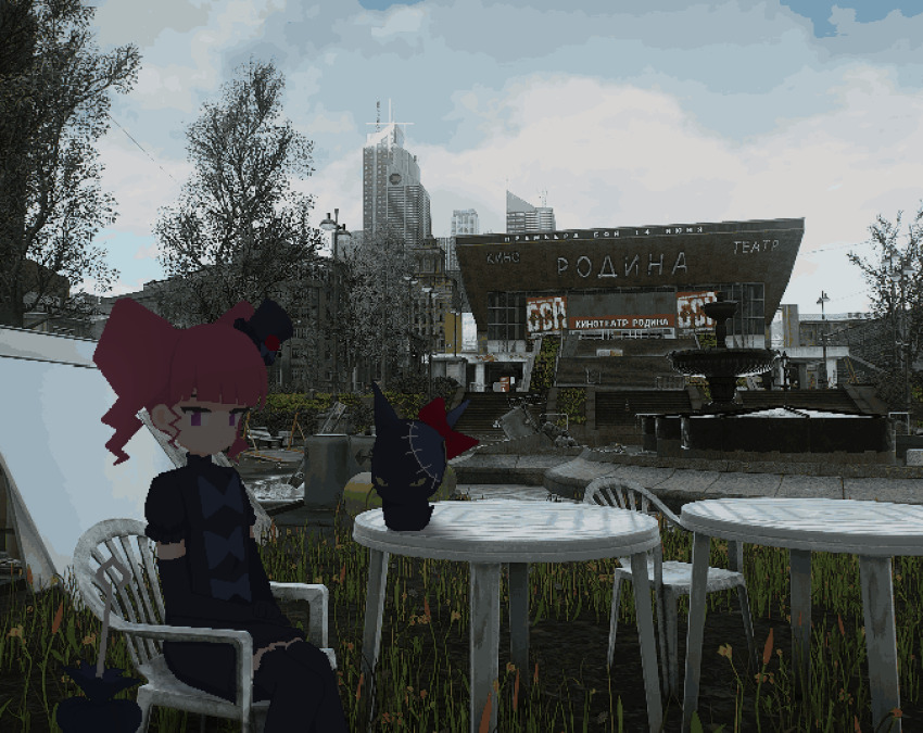 1girl absurdres black_dress black_gloves blunt_bangs building chair city cloud cloudy_sky creature day dress elbow_gloves escape_from_tarkov expressionless feet_out_of_frame fountain game_screenshot_background gloves gothic_lolita grass hat hayasabro highres lolita_fashion looking_at_viewer marie_&amp;_gali marika_(marie_&amp;_gali) mini_hat mini_top_hat monobloc_(chair) movie_theater on_chair outdoors pet_(marie_&amp;_gali) pink_hair puffy_short_sleeves puffy_sleeves purple_eyes russian_text screenshot_background short_dress short_sleeves sitting sky skyscraper table top_hat tree twintails wide_shot