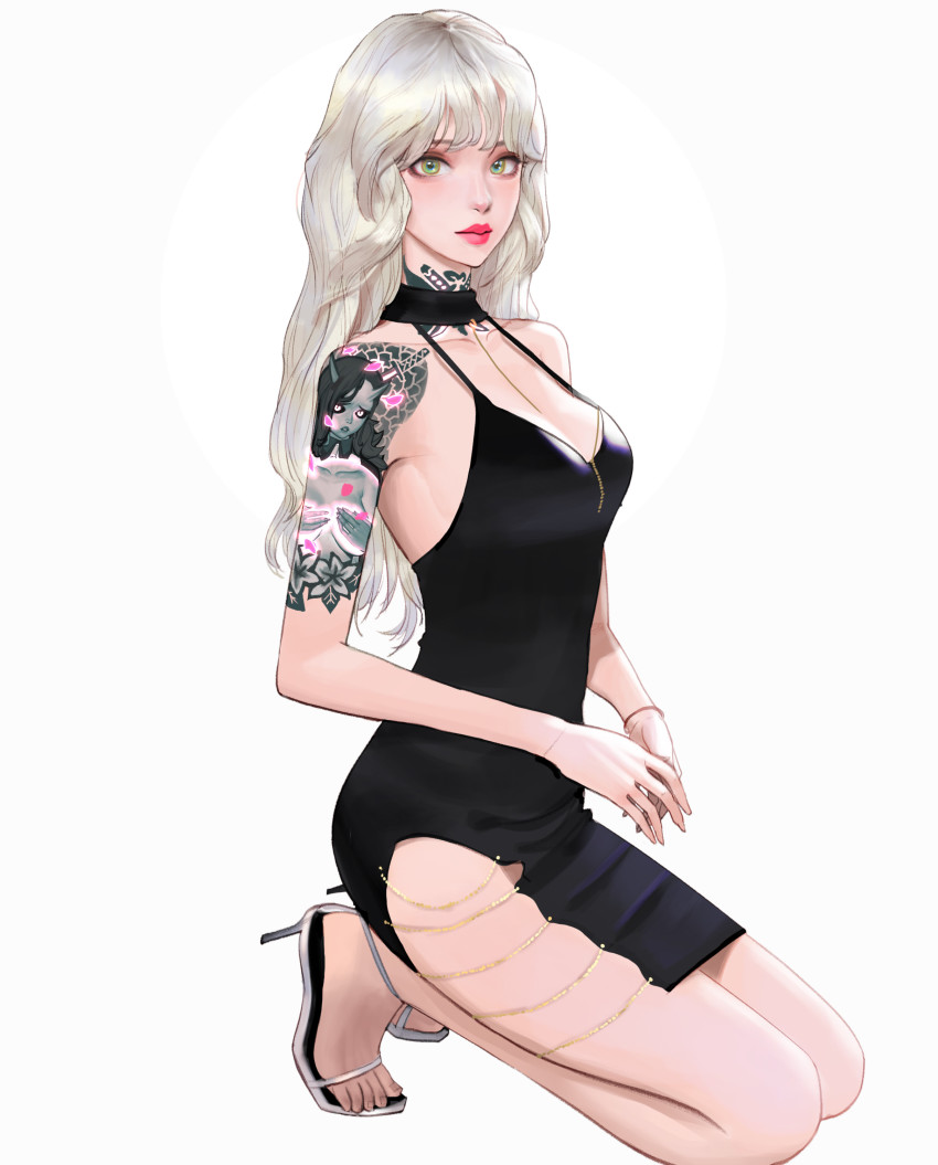 1girl absurdres arm_tattoo black_dress breasts cleavage dress feet green_eyes high_heels highres kneeling lipstick long_hair looking_at_viewer makeup medium_breasts neck_tattoo original sandals simple_background sleeveless sleeveless_dress solo tattoo toes white_background white_hair wonbin_lee wristband