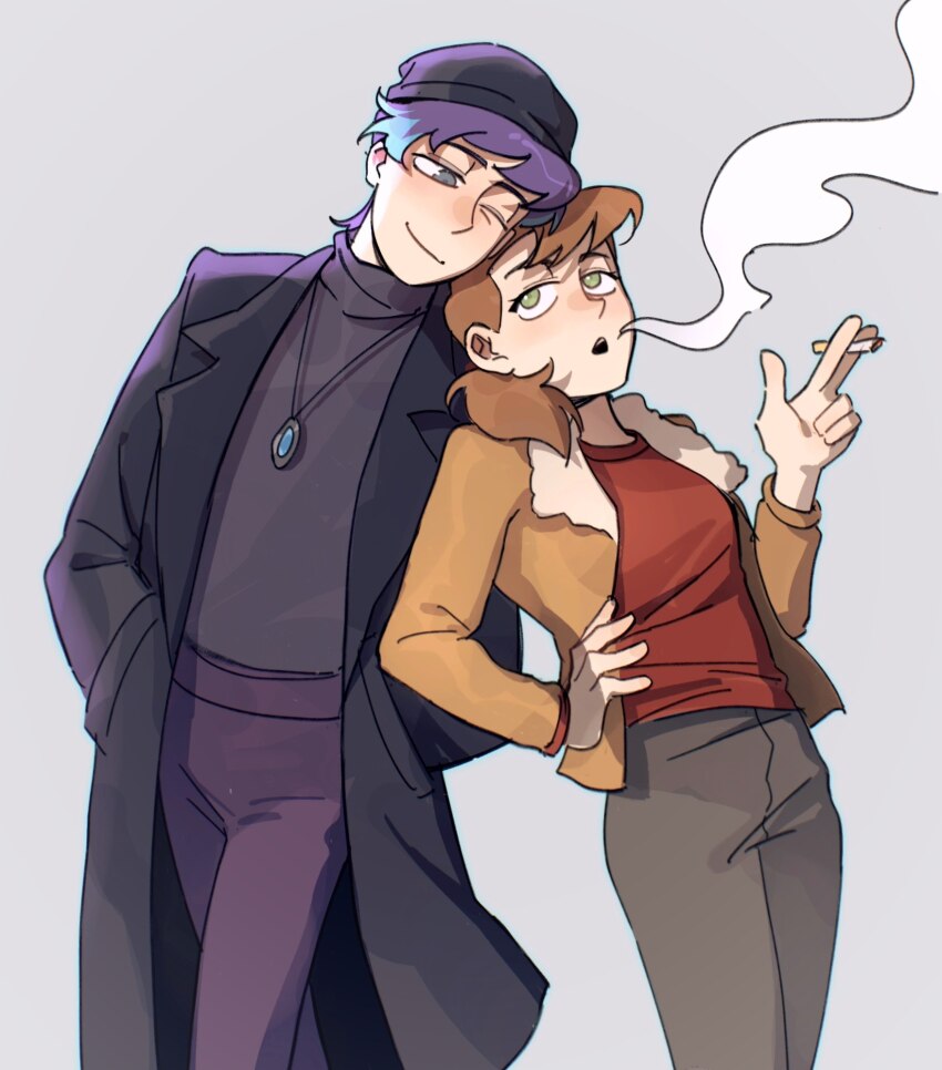 2girls beanie between_fingers black_pants black_sweater brown_coat brown_hair brown_jacket brown_pants cigarette closed_mouth coat dmitry_bratsky elisa_douchnov fur-trimmed_jacket fur_trim genderswap genderswap_(ftm) genderswap_(mtf) green_eyes grey_background hand_on_own_hip hands_in_pockets hat highres holding holding_cigarette jacket jewelry leaning_on_person long_sleeves looking_at_another medium_hair multiple_girls my_student_spirit necklace one_eye_closed open_clothes open_coat open_jacket open_mouth pants ponytail purple_hair purple_pants red_shirt shirt short_hair simple_background smile smoke smoking sweater turtleneck turtleneck_sweater yuri yy20251111