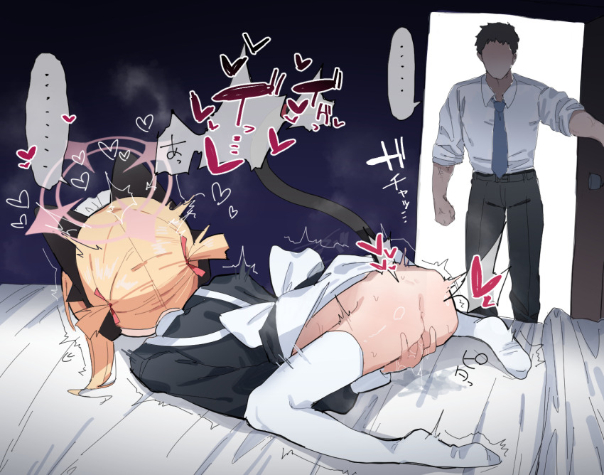 1boy 1girl animal_ears blonde_hair blue_archive blue_necktie commentary_request fake_animal_ears fake_tail female_masturbation ga-chan_(kokonattusoul) halo loli maid maid_headdress masturbation momoi_(blue_archive) momoi_(maid)_(blue_archive) necktie official_alternate_costume paid_reward_available sensei_(blue_archive) tail thighhighs twintails walk-in white_thighhighs