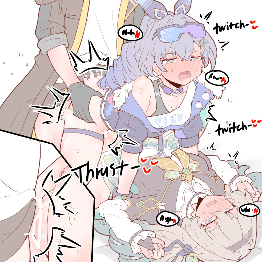 3girls absurdres bar_censor black_capelet black_coat black_gloves black_jacket blush capelet censored coat commentary drooling english_commentary english_text firefly_(honkai:_star_rail) futa_with_female futanari gloves goggles goggles_on_head gradient-tinted_eyewear gradient_hair green_hair grey_hair group_sex highres honkai:_star_rail honkai_(series) jacket multicolored_hair multiple_girls neckerchief open_clothes open_coat open_mouth paid_reward_available physisyoon pointless_censoring sandwiched sex shirt silver_wolf_(honkai:_star_rail) single_strap stelle_(honkai:_star_rail) thigh_strap threesome tinted_eyewear trailblazer_(honkai:_star_rail) variant_set white_shirt yellow_neckerchief