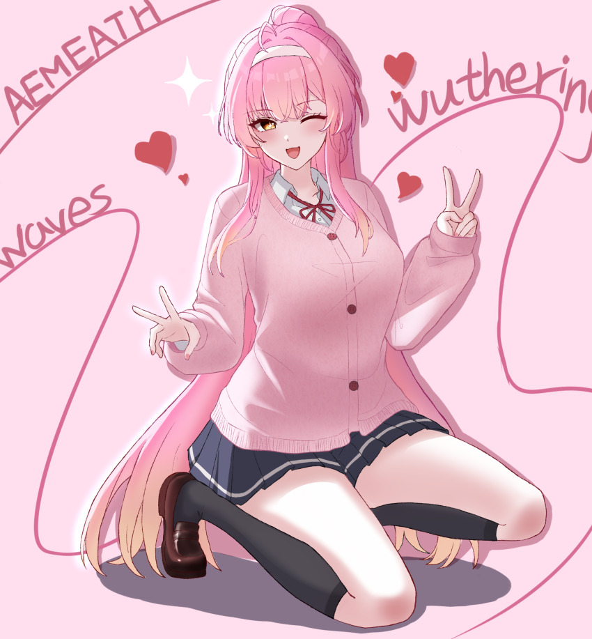 1girl aemeath_(wuthering_waves) black_skirt black_socks blush breasts brown_shoes character_name chinese_commentary colored_tips commentary_request copyright_name double_v fu_ai_er_sama hairband heart highres loafers long_hair long_sleeves looking_at_viewer medium_breasts multicolored_hair one_eye_closed open_mouth pink_background pink_hair pink_sweater pleated_skirt ponytail shoes skirt smile socks solo squatting star-shaped_pupils star_(symbol) sweater symbol-shaped_pupils v very_long_hair white_hairband wuthering_waves