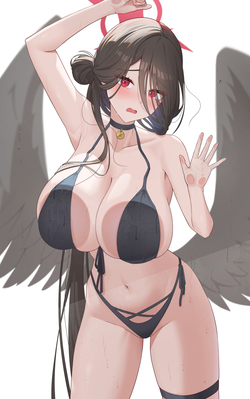 1girl absurdres bikini black_bikini black_choker black_hair black_wings blue_archive blush breasts choker cleavage commentary cowboy_shot feathered_wings hair_bun halo hasumi_(blue_archive) hasumi_(swimsuit)_(blue_archive) highres large_breasts long_hair miyo12 navel official_alternate_costume open_mouth red_eyes red_halo simple_background single_hair_bun solo swimsuit thigh_strap white_background wings