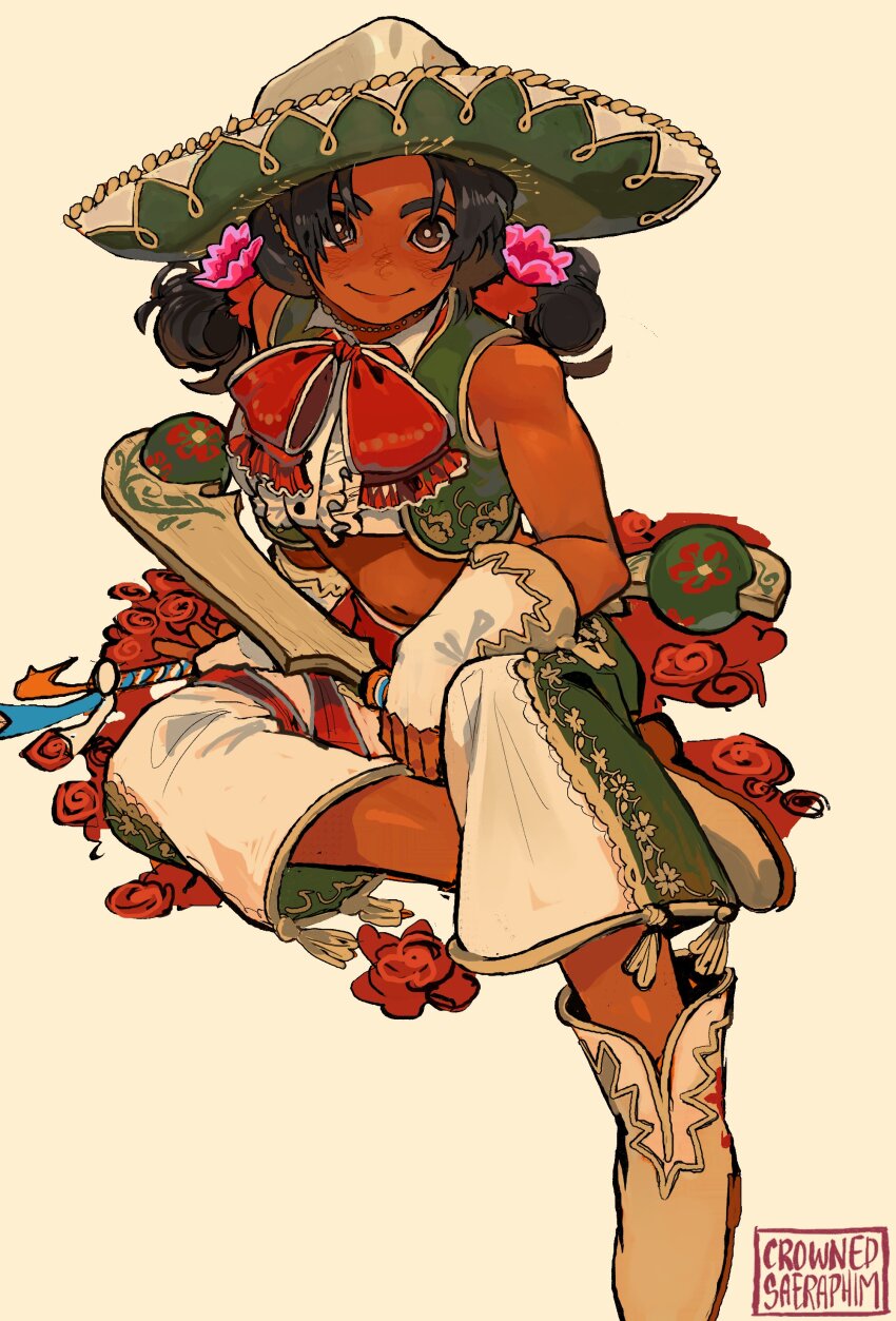1girl absurdres artist_name black_hair brown_eyes club_(weapon) commentary commission crownedsaeraph dark-skinned_female dark_skin english_commentary flower hair_flower hair_ornament hat highres holding holding_club holding_weapon lily_hawk mexican_clothes simple_background sitting smile sombrero street_fighter street_fighter_6 twintails weapon