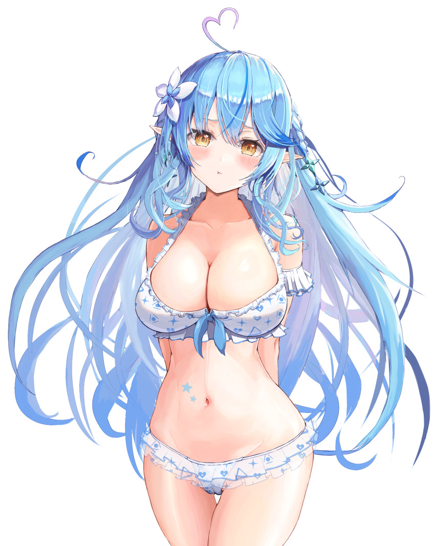 1girl :t absurdres ahoge aqua_hair arms_behind_back bikini bikini_skirt blue_hair blush braid breasts cameltoe cleavage closed_mouth collarbone commentary_request elf flower frilled_bikini frills hair_between_eyes hair_flower hair_ornament heart heart_ahoge heart_print highres hololive large_breasts long_hair looking_at_viewer navel pink_hair pointy_ears pout print_bikini simple_background solo sparkle_print star_(symbol) star_tattoo stomach stomach_tattoo swimsuit tattoo triangle_print tsetainsu very_long_hair virtual_youtuber white_background white_bikini white_flower white_hair yellow_eyes yukihana_lamy