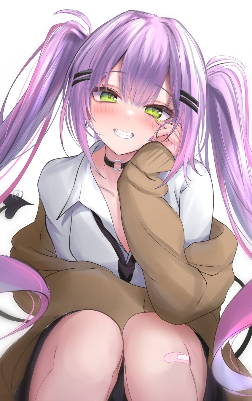 1girl absurdres black_tail blush collarbone commentary_request demon_girl demon_tail green_eyes highres hololive purple_hair shirt simple_background sitting smile solo tail tokoyami_towa twintails virtual_youtuber waniwani_(wasabiwaniwani) white_background white_shirt