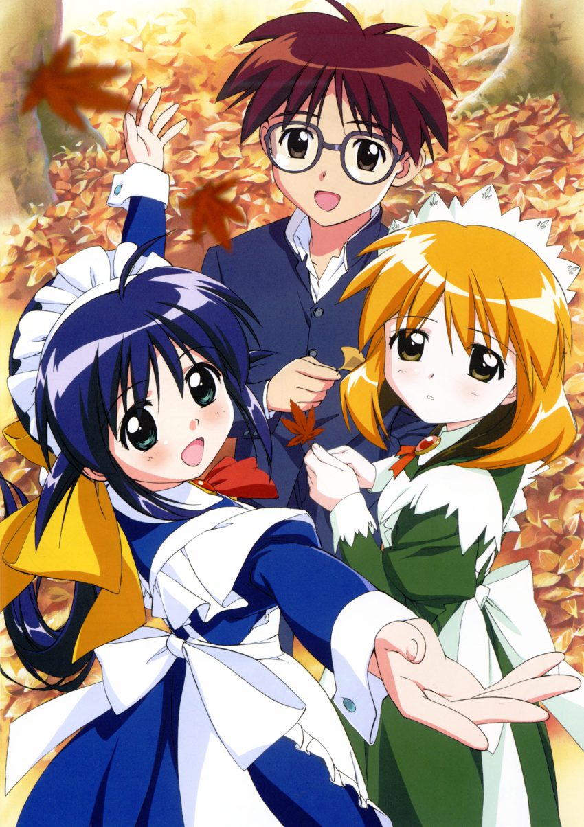 2girls absurdres ahoge andou_mahoro andou_minawa autumn blonde_hair blue_hair blush brown_eyes brown_hair glasses headdress highres leaf long_hair looking_back mahoromatic maid misato_suguru multiple_girls non-web_source open_mouth ponytail short_hair very_long_hair