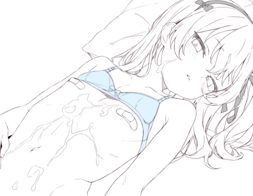 1girl bandaid bandaids_on_nipples blue_bra blush bra bra_lift clothes_lift commentary_request cum cum_on_body cum_on_chest expressionless flat_chest girls_und_panzer long_hair looking_at_viewer monochrome navel osanai_sanday parted_lips pasties shimada_arisu solo spot_color underwear upper_body