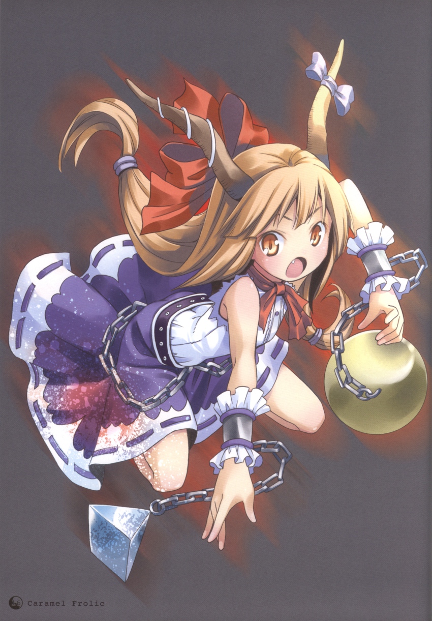 1girl absurdres belt chain fang female_focus grey_background hair_ornament hair_ribbon highres horn_ornament horn_ribbon horns ibuki_suika long_hair looking_at_viewer open_mouth orange_hair pop ribbon scan shirt simple_background skirt skirt_set sleeveless solo touhou vest wrist_cuffs