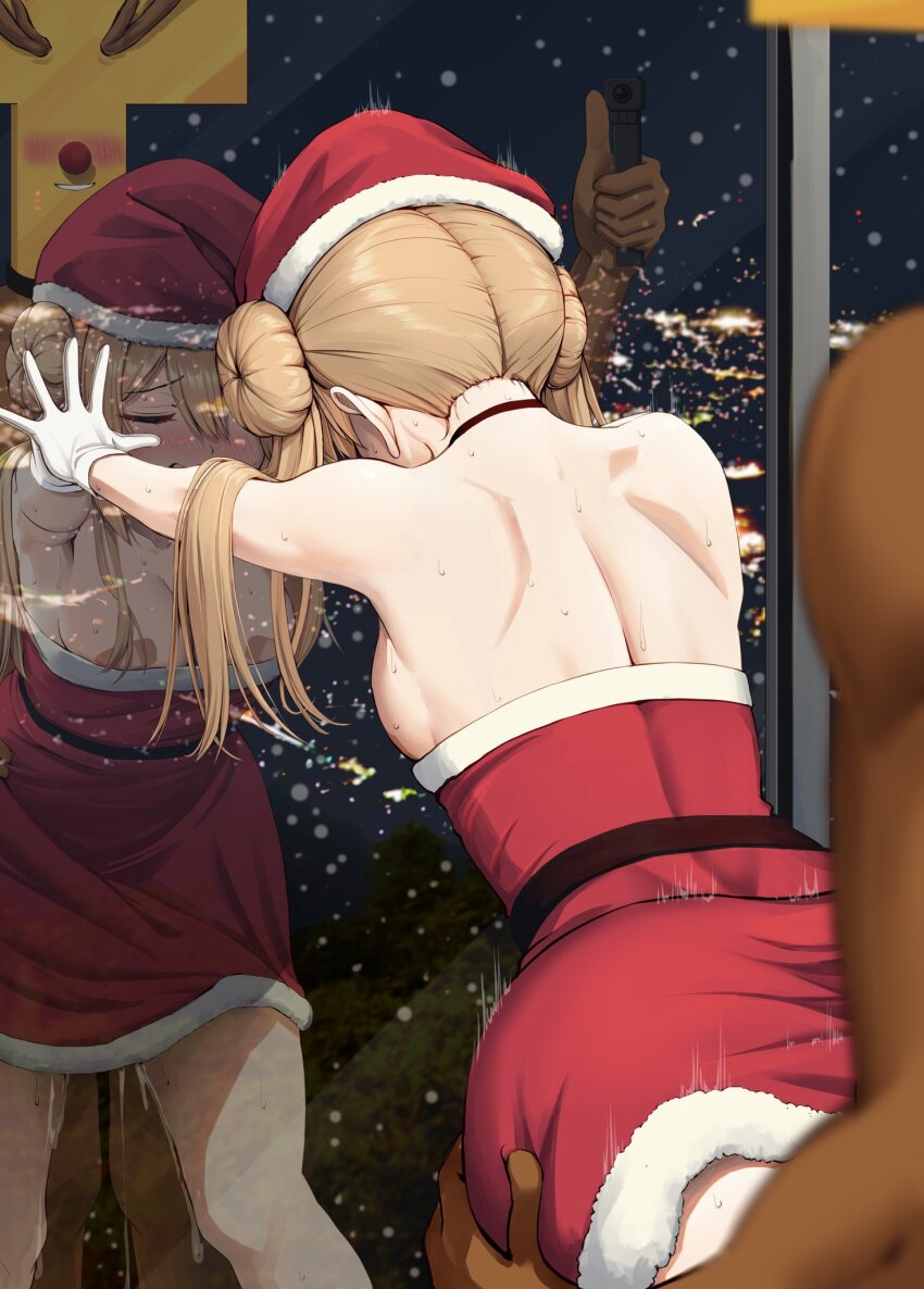 1boy 1girl admiral_(kancolle) against_glass antlers ass bandaid bandaids_on_nipples black_choker blonde_hair blush breasts camera choker closed_eyes cum cum_on_body cum_on_legs cum_overflow cumdrip dark-skinned_male dark_skin double_bun dress full-face_blush fur-trimmed_dress fur-trimmed_headwear fur_trim gloves hair_bun hat highres holding holding_camera horns ichikawa_feesu kantai_collection long_hair medium_breasts michishio_(kancolle) motion_lines pasties red_dress red_hat reflection santa_costume santa_hat sex sleeveless sleeveless_dress smile strapless strapless_dress sweat t-head_admiral twintails white_gloves