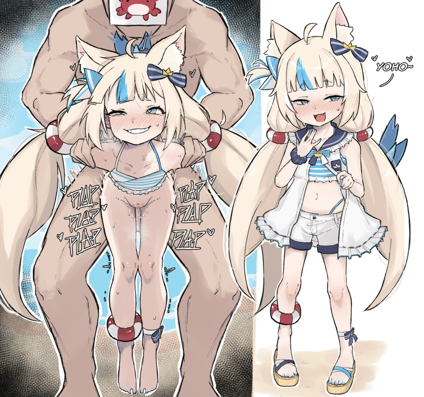 1boy 1girl :d ahoge animal_ear_fluff animal_ears ankle_bow ankle_ribbon arm_held_back barefoot bikini bikini_top_only blonde_hair blue_bikini blue_bow blue_eyes blue_hair blue_nails blue_sailor_collar blue_scrunchie blunt_bangs blush bottomless bow brown_sandals cat_ears commentary disguise dress english_commentary fang fins fish_girl fish_tail flat_chest frilled_bikini frilled_dress frilled_sailor_collar frills fucked_silly hair_bow hanging_legs hetero highleg highleg_bikini highres indie_virtual_youtuber leg_ribbon lifebuoy_anklet lifebuoy_hair_ornament loli long_hair looking_at_viewer low_twintails mesugaki multicolored_hair multiple_views nail_polish navel nose_blush one_side_up open_clothes open_dress open_mouth outdoors paper_on_head parted_lips plap platform_sandals pussy_juice ribbon sailor_collar sailor_dress sameko_saba sandals scrunchie sex shore short_dress short_shorts shorts sidelocks smile smug streaked_hair striped_bikini striped_clothes sweat swimsuit tail toenail_polish toenails toes twintails two-tone_hair vaginal very_long_hair virtual_youtuber white_dress white_shorts wrist_scrunchie zlix0n