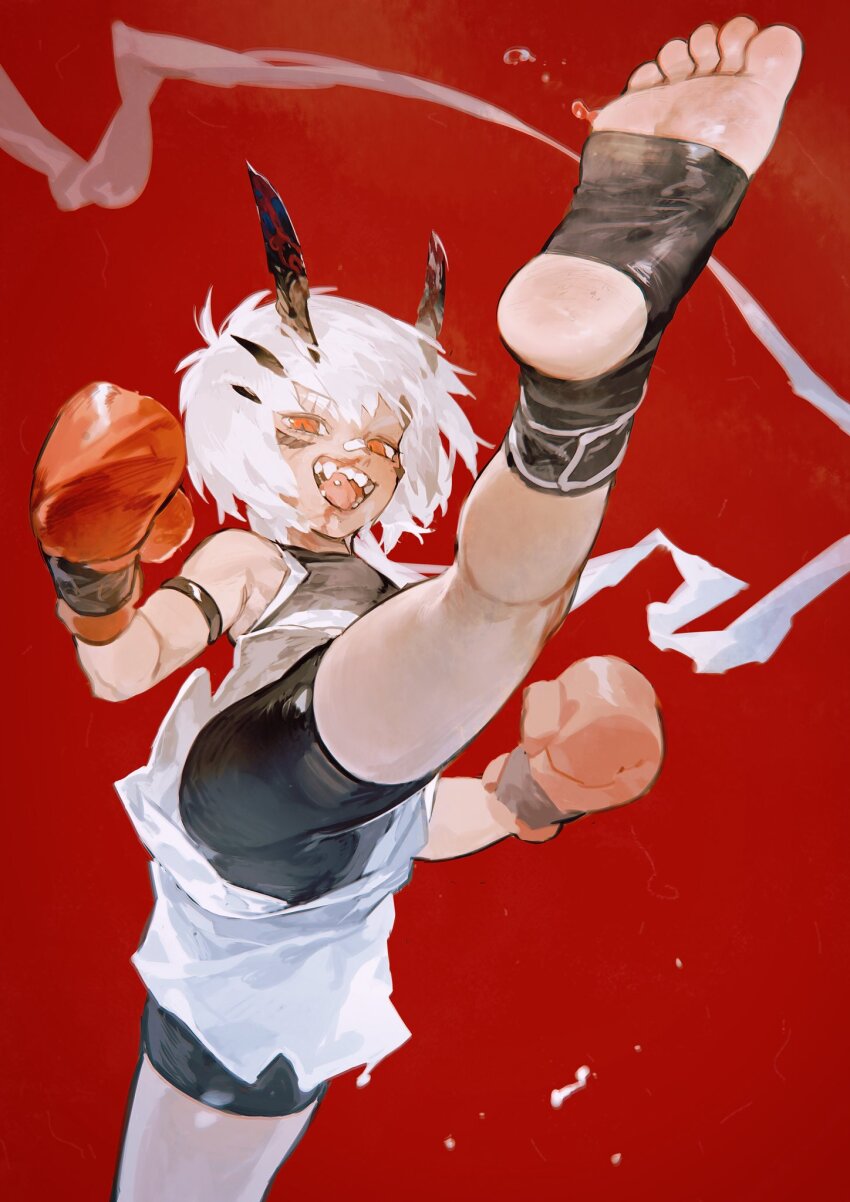1girl barefoot blood boxing_gloves dark-skinned_female dark_skin feet floating_hair highres horns kicking leg_up open_mouth original piercing red_background red_eyes sharp_teeth short_hair shorts smile soles sweat teeth toeless_legwear tongue tongue_out tongue_piercing white_hair yotsuyu