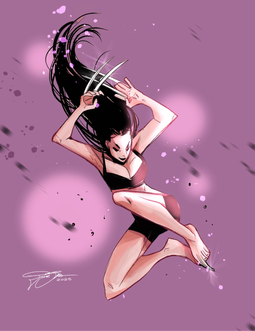1girl black_bra black_hair blurry blurry_background bra breasts claw_(weapon) claws cleavage commentary dynamic_pose english_commentary fingernails giada_belviso highres large_breasts laura_kinney long_hair marvel motion_blur sharp_fingernails sharp_toenails smile solo toenails underwear weapon x-23 x-men