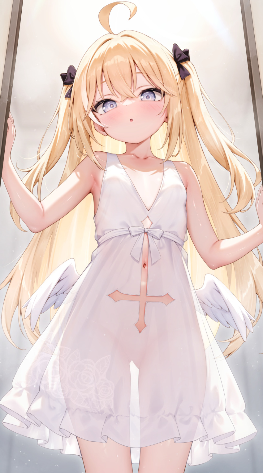 1girl :o arata_(xin) black_bow blonde_hair blue_eyes bow breasts cleavage crossed_bangs dress gluteal_fold hair_between_eyes hair_bow highres loli long_hair looking_at_viewer low_wings original see-through_clothes see-through_dress small_breasts standing two_side_up white_dress white_wings wings