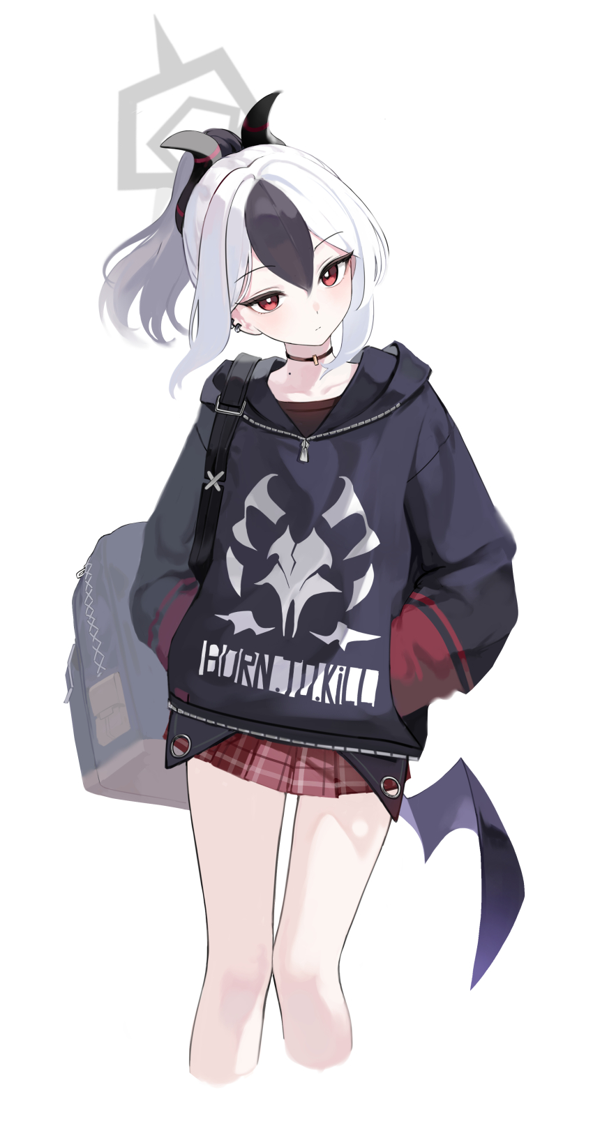 1girl absurdres black_hoodie black_horns blue_archive demon_horns demon_wings dorok ear_piercing grey_halo halo highres hood hoodie horns kayoko_(blue_archive) multicolored_hair piercing simple_background single_wing solo two-tone_hair white_background white_hair wings
