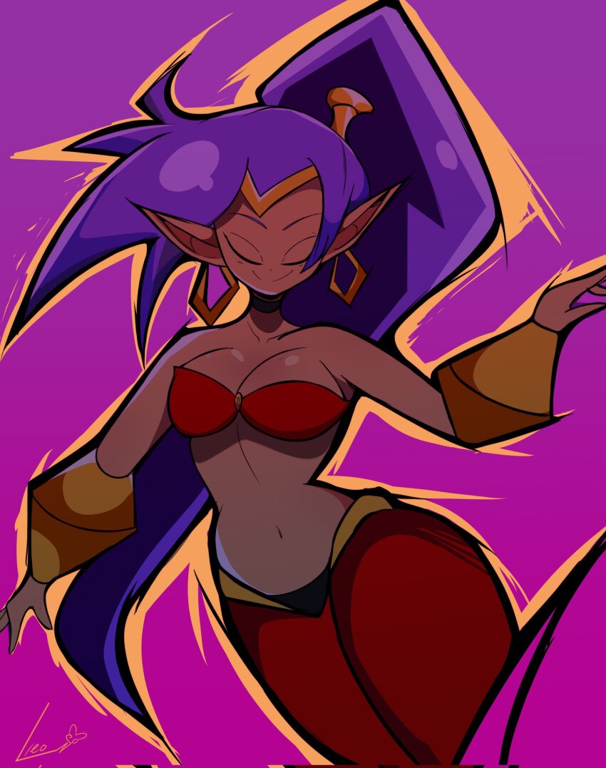 1girl 2024 artist_name bare_shoulders bra breasts closed_eyes commentary dancing dark-skinned_female dark_skin earrings english_commentary female_focus gold_choker harem_outfit harem_pants highres jewelry large_breasts leo_clock long_hair midriff navel o-ring outline pants pointy_ears purple_background purple_hair red_bra red_pants shantae shantae_(series) strapless tiara title tube_top underwear vambraces very_long_hair wayforward