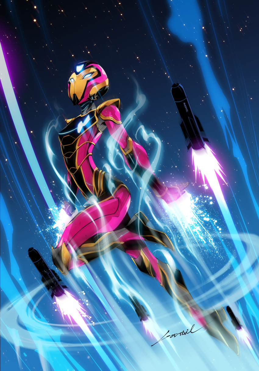 1girl absurdres armor commentary_request copyright_name flying full_body godtail highres ironheart marvel mixed-language_commentary official_art power_armor rocket signature solo star_(sky) thrusters