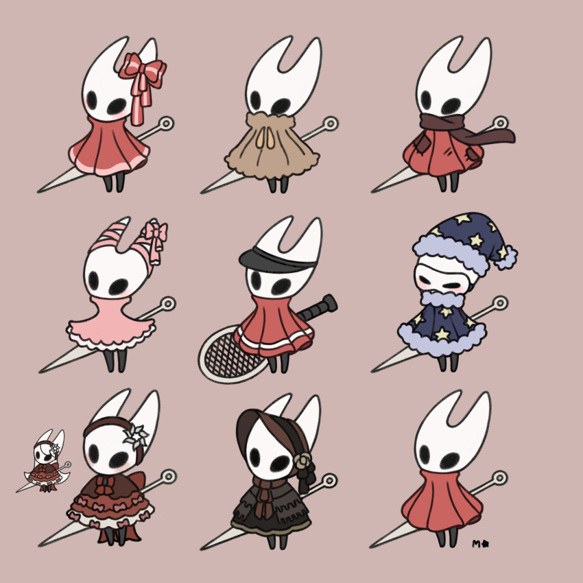 1girl adapted_costume alternate_costume arthropod_girl artist_name back_bow black_dress black_eyes black_hat black_skin blank_eyes bloodborne blue_cloak blue_hat blush bonnet bow bowtie brown_background brown_bonnet brown_cloak brown_scarf capelet chibi chibi_only cloak colored_skin cosplay covered_eyes drawstring dress eye_mask female_focus flower full_body fur-trimmed_cloak fur-trimmed_hat fur_cloak fur_collar fur_trim furry furry_female grey_capelet grey_flower hair_flower hair_ornament hairband hat highres hollow_knight hollow_knight:_silksong horn_bow horn_ornament horn_ribbon hornet_(hollow_knight) horns large_variant_set layered_dress long_hair mask meikaartist multiple_views needle_(hollow_knight) nightcap no_feet patchwork_clothes pink_bow pink_dress pink_ribbon plain_doll plain_doll_(cosplay) pom_pom_(clothes) print_cloak print_hat racket red_bow red_bowtie red_cloak red_dress red_hairband ribbon scarf signature simple_background standing star_(symbol) star_print swept_bangs tennis_racket variant_set very_long_hair visor_cap weapon weapon_on_back white_hair white_trim