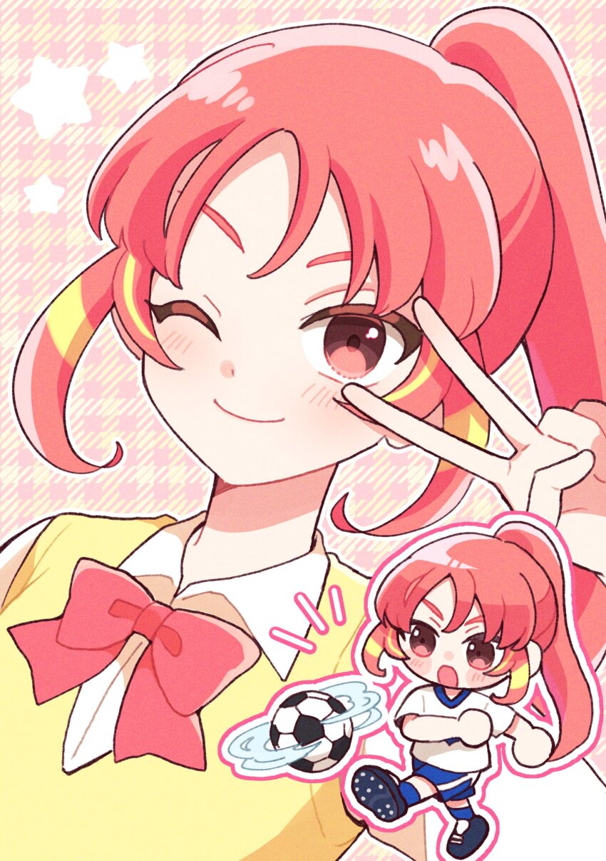 ball blonde_hair blush closed_mouth commentary_request highres inazuma_eleven_(series) inazuma_eleven_victory_road king_of_kazuya multicolored_hair one_eye_closed pink_hair ponytail ribbon school_uniform shinohara_raika shirt sidelocks smile soccer_ball streaked_hair two-tone_hair v v_over_eye