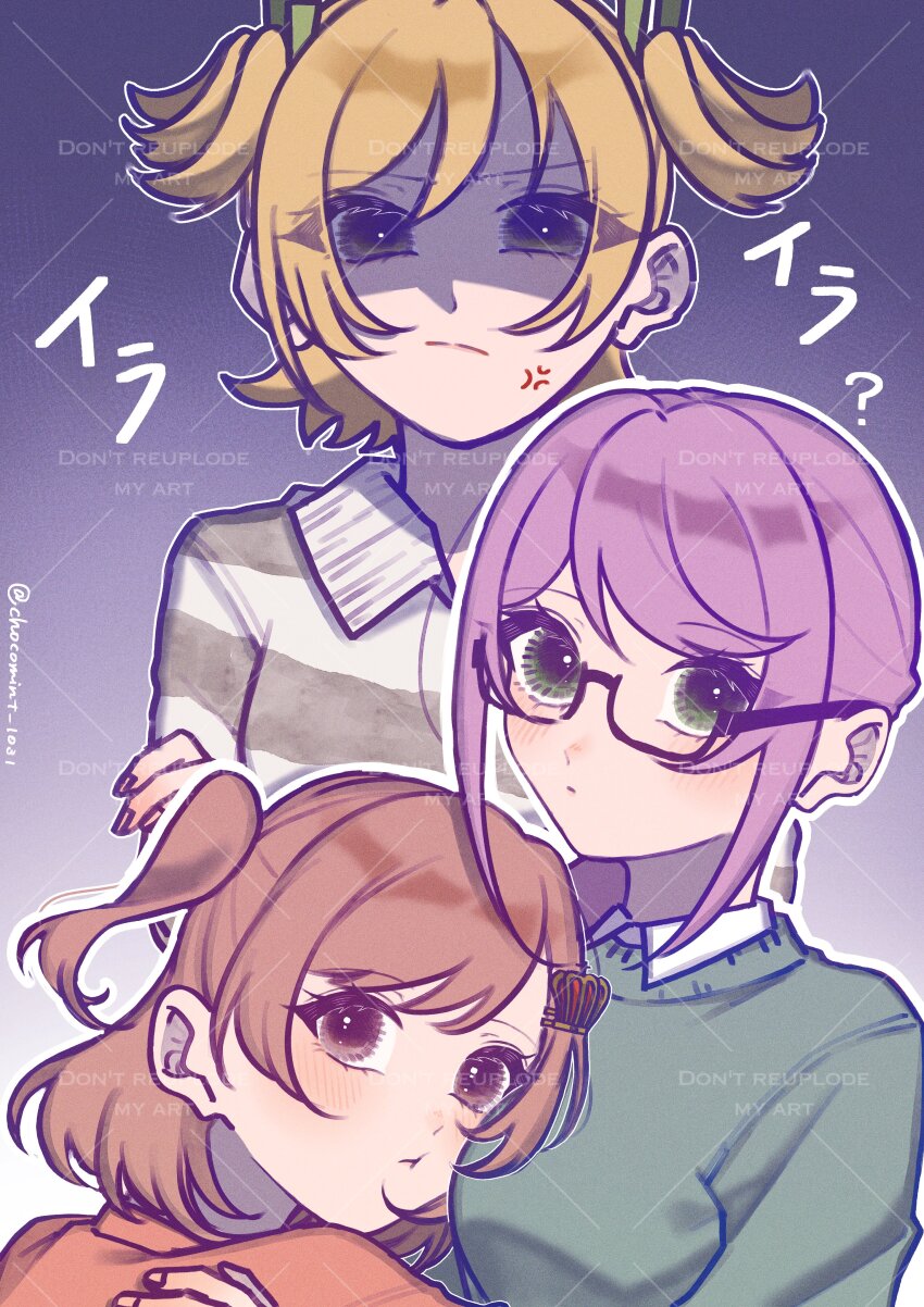 3girls :t ? absurdres aijou_karen anger_vein angry black-framed_eyewear blonde_hair blush breasts brown_eyes chocomint_1031 closed_mouth collared_shirt commentary_request crown_hair_ornament daiba_nana gradient_background green_eyes green_ribbon green_sweater grey_sweater hair_ornament hair_ribbon hairclip hand_on_another's_back hand_on_own_arm hand_up head_on_chest highres hoshimi_junna jealous long_hair long_sleeves looking_at_viewer looking_to_the_side low_ponytail medium_breasts multiple_girls one_side_up orange_sweater outline ponytail purple_background purple_hair ribbon semi-rimless_eyewear shaded_face shirt short_hair short_twintails shoujo_kageki_revue_starlight striped_clothes striped_sweater sweater translated twintails twitter_username under-rim_eyewear v-shaped_eyebrows watermark white_outline yuri