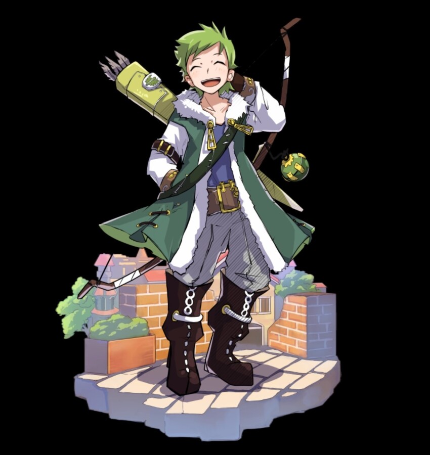 1boy :d ^_^ arm_behind_head arm_belt arm_up belt black_background blue_shirt boots bow_(weapon) brick_wall brown_belt brown_boots brown_gloves building closed_eyes coat collarbone full_body gloves green_coat green_hair highres holding holding_bow_(weapon) holding_weapon house merc_storia merc_storia_art_team official_art open_mouth pants quiver ryan_(merc_storia) shirt short_hair simple_background smile solo standing stone_floor tachi-e teeth tree upper_teeth_only very_short_hair weapon white_pants