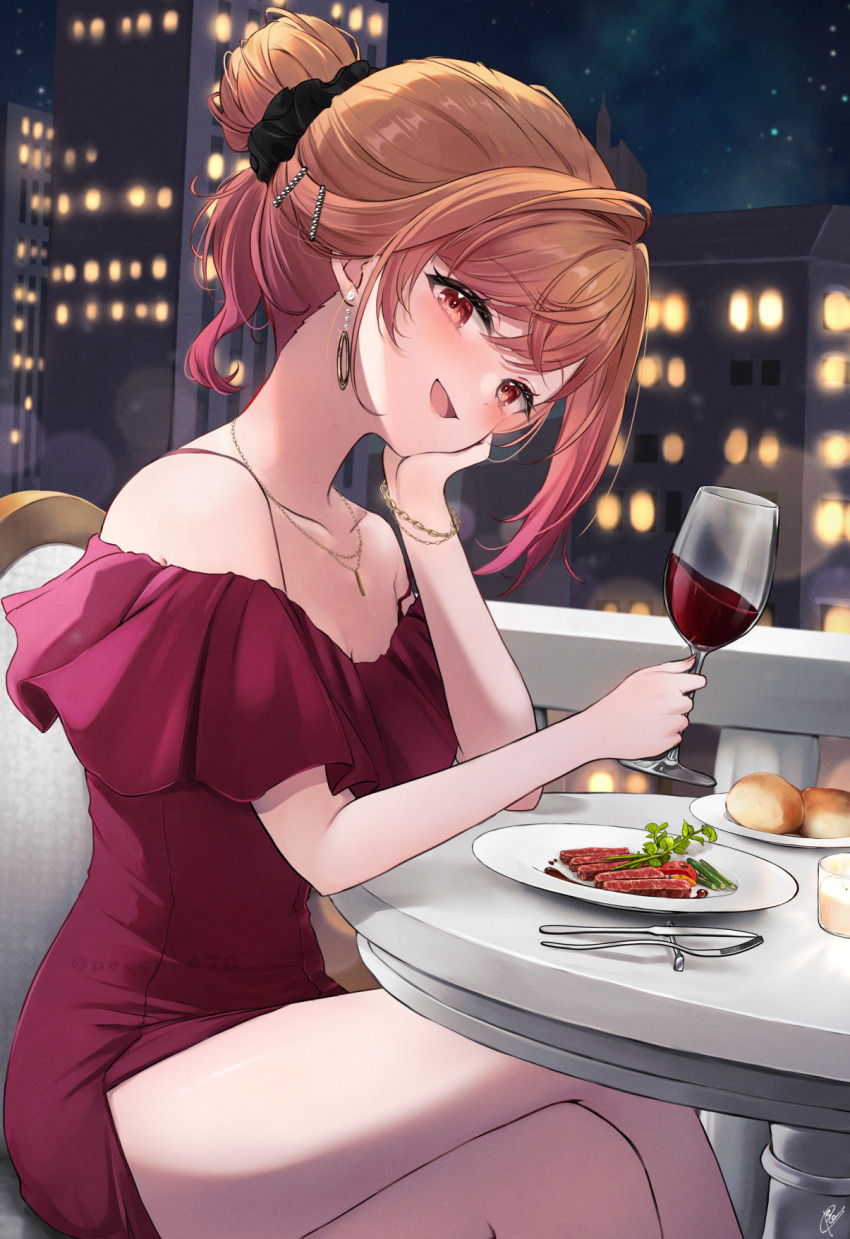 1girl :d alcohol alternate_costume alternate_hairstyle black_scrunchie bracelet commentary_request cup dress drinking_glass earrings fork frilled_dress frills gradient_hair hair_bun hair_ornament hairclip head_rest head_tilt highres holding holding_cup hololive hololive_dev_is ichijou_ririka jewelry knife looking_at_viewer multicolored_hair necklace night off-shoulder_dress off_shoulder open_mouth orange_eyes orange_hair outdoors pecco_(pecco297) pink_hair plate red_dress scrunchie short_dress short_hair single_hair_bun sitting smile solo strap_slip virtual_youtuber wine wine_glass