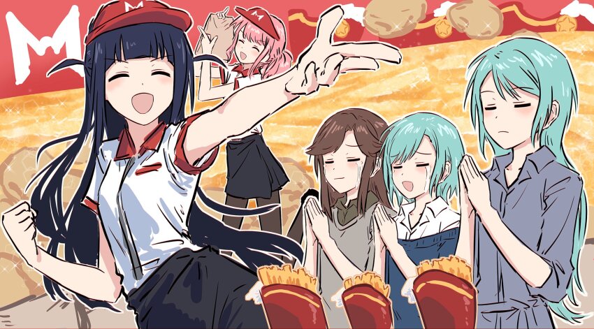 5girls :d ^_^ aqua_hair bang_dream! bang_dream!_girls_band_party! black_skirt blue_hair blue_sweater brown_hair brown_shirt clenched_hand closed_eyes closed_mouth collared_dress collared_shirt commentary crossover crying dress employee_uniform facing_viewer flipped_bangs food french_fries frown grey_dress grey_sweater hat highres hikawa_hina hikawa_sayo long_hair long_sleeves maruyama_aya medium_hair multiple_girls off-shoulder_sweater off_shoulder open_mouth outstretched_arm own_hands_together potato red_hat shirt short_sleeves shoujo_kageki_revue_starlight sidelocks skirt smile streaming_tears sweater tears tendou_maya three-quarter_sleeves tsuyuzaki_mahiru two_side_up v-shaped_eyebrows visor_cap white_shirt yukitake_(bullfalk)