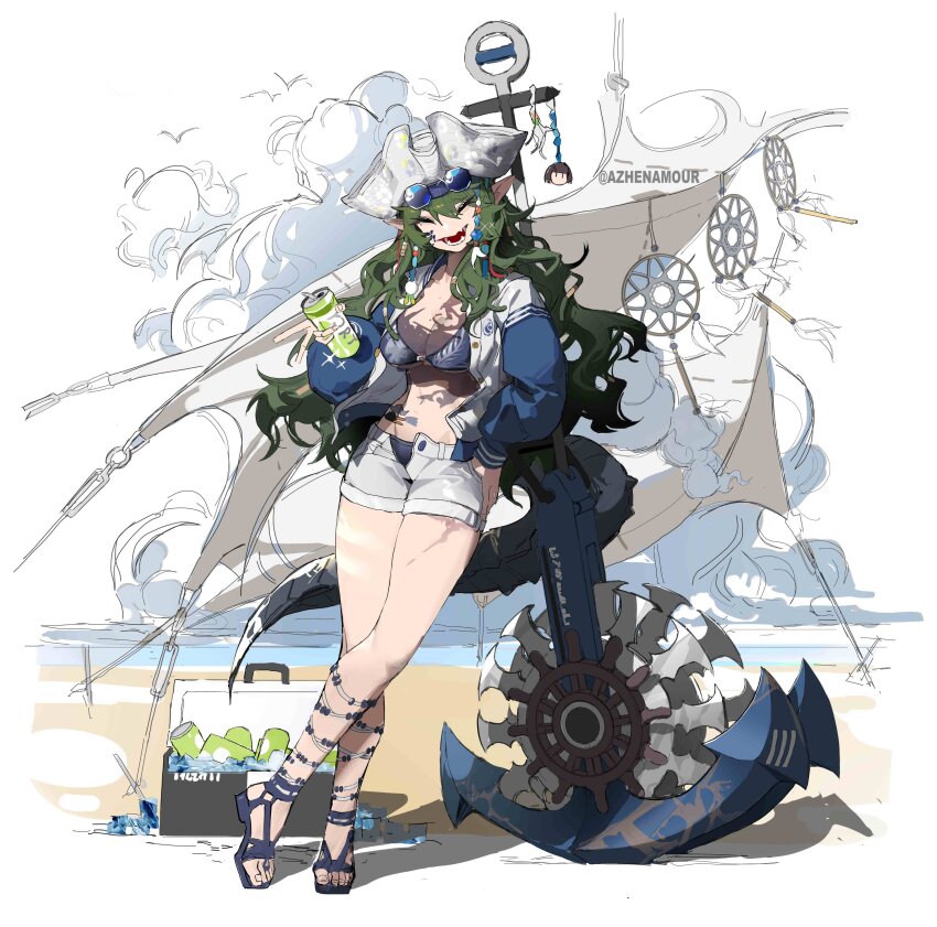 1girl absurdres anchor arknights azhenhgu beach bikini bikini_bottom_under_shorts bikini_under_clothes blue_bikini blue_jacket blue_sandals chainsaw closed_eyes cloud crocodilian_tail dreamcatcher drink facing_viewer fangs full_body gavial_(arknights) gavial_the_invincible_(arknights) gavial_the_invincible_(holiday)_(arknights) hand_on_own_hip hat highres holding holding_drink jacket leaning letterman_jacket open_mouth outdoors sail sandals shorts simple_background smile solo swimsuit tail thick_tail tricorne twitter_username white_background white_hat white_jacket white_shorts