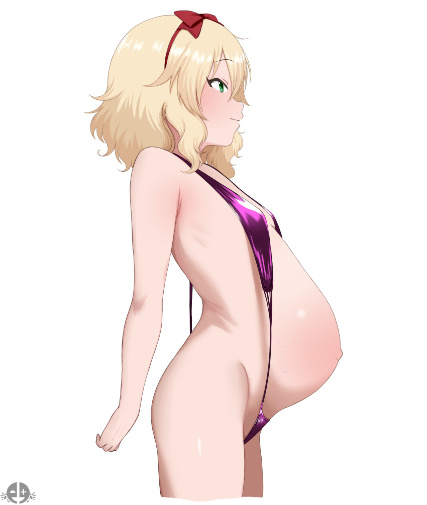 1girl belly big_belly blonde_hair breasts cowboy_shot from_side highres idolmaster idolmaster_cinderella_girls idolmaster_cinderella_girls_u149 loli mrhunking pregnant pregnant_loli sakurai_momoka simple_background small_breasts solo thighs white_background