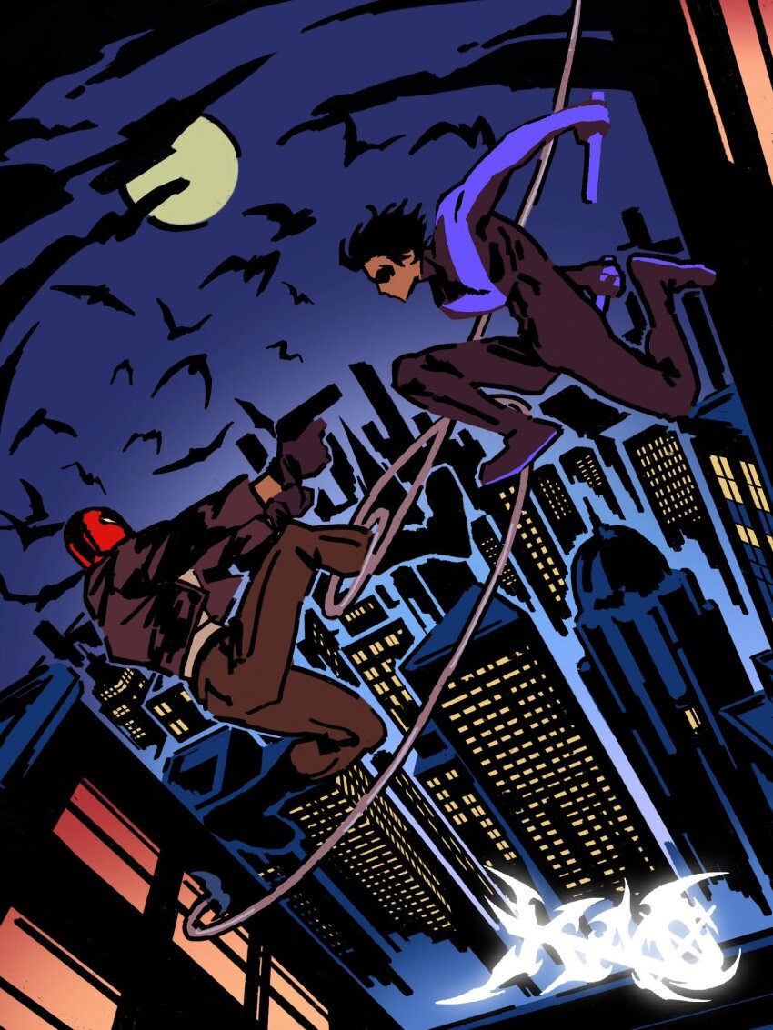 batman_(series) black_bodysuit black_gloves black_hair bodysuit brothers dc_comics dick_grayson domino_mask eye_mask gloves grey_bodysuit highres holding jacket jason_todd kaaaa020321 mask multicolored_bodysuit multiple_boys muscular muscular_male nightwing open_clothes pants red_hood_(dc) red_mask short_hair siblings superhero_costume taut_bodysuit two-tone_bodysuit