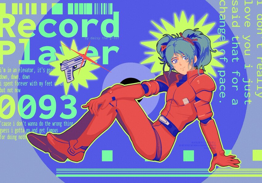 1girl aqua_hair artist_name artist_name_(singer) blue_eyes bodysuit char's_counterattack commentary english_commentary english_text full_body glint green_hair green_halo green_outline gun gundam halo halo_behind_head handgun highres jacoline knees_up looking_at_viewer lyrics mecha_pilot_suit neo_zeon normal_suit_(gundam) outline quess_paraya red_bodysuit short_hair sitting solo song_name spiked_halo twintails twitter_username watermark weapon