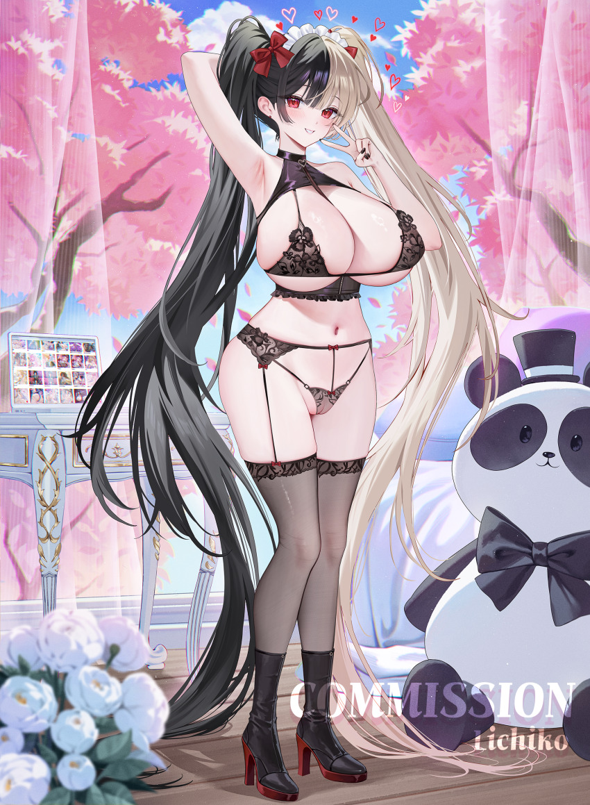 1girl absurdres arm_behind_head arm_up armpits artist_name bare_shoulders between_breasts black_bra black_hair black_nails black_panties black_thighhighs blonde_hair blue_sky blunt_bangs blurry boots bow bra breasts cleavage cloud commentary commission curtains day depth_of_field english_commentary flower frilled_headwear frills garter_straps groin hair_between_eyes hair_bow hand_up heart high_heel_boots high_heels highres large_breasts legs lichiko lingerie long_hair looking_at_viewer multicolored_hair nail_polish navel original panties parted_lips pussy red_bow red_eyes rose see-through_clothes see-through_panties sideboob sidelocks sky smile solo split-color_hair standing stomach string_bra string_panties stuffed_animal stuffed_panda stuffed_toy table thighhighs thighs tree twintails underboob underwear v very_long_hair watermark white_flower white_headdress white_rose wooden_floor